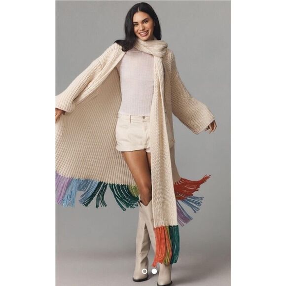 New! By Anthropologie Wool Blend White Rainbow Fringe Chunky Knit Scarf - Picture 1 of 3